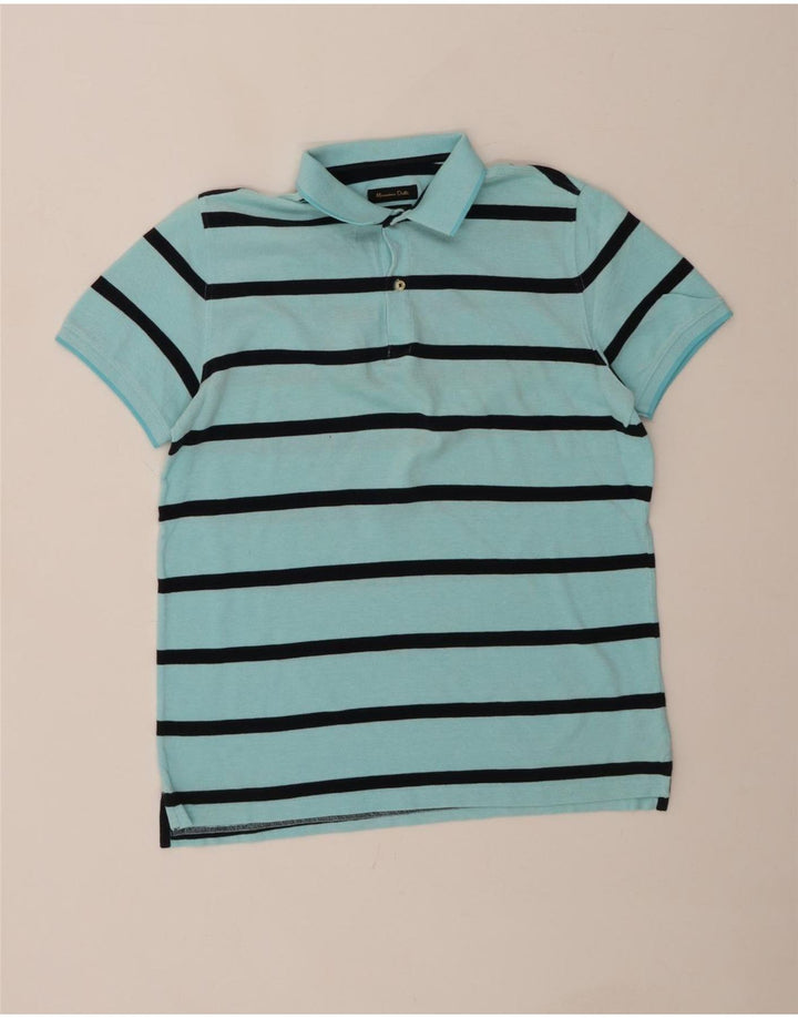 MASSIMO DUTTI Mens Polo Shirt Large Turquoise Striped Cotton