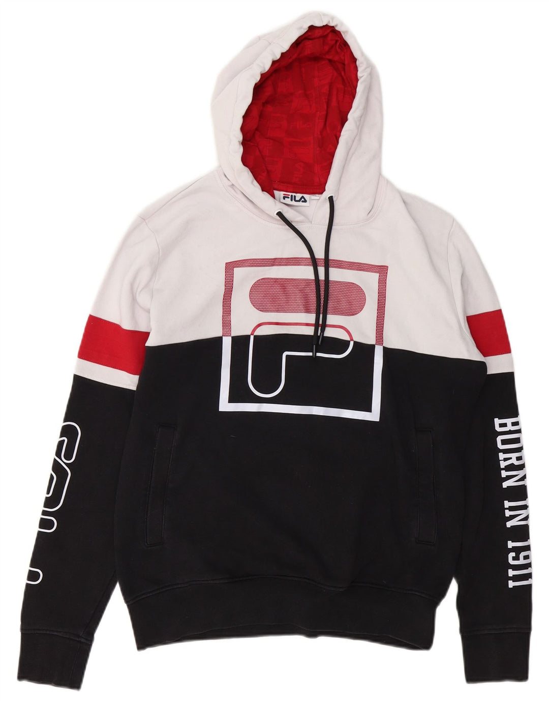 Pulover FILA pentru bărbați cu glugă grafică XS, bumbac color-bloc negru