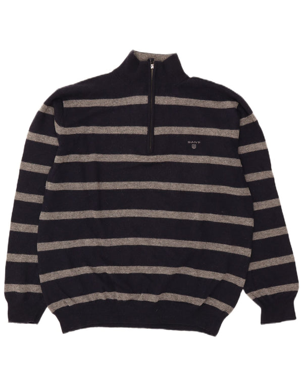Pulover pentru femei Gant, cu fermoar, cu gât, UK 20 2XL, lână de miel cu dungi, albastru marin