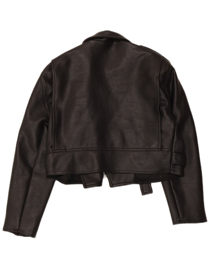 VINTAGE Jachetă de motociclist din piele crop supradimensionată pentru femei UK 10 Small Black