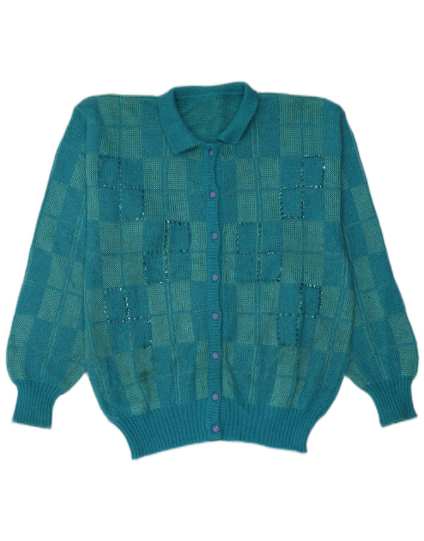 Pulover Cardigan Vintage pentru Damă UK 16 Mare Turcoaz Check Viscose
