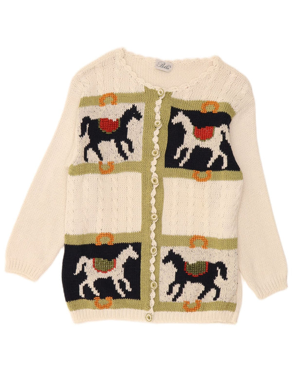 Pulover vintage cardigan grafic pentru femei UK 16 mare bumbac alb