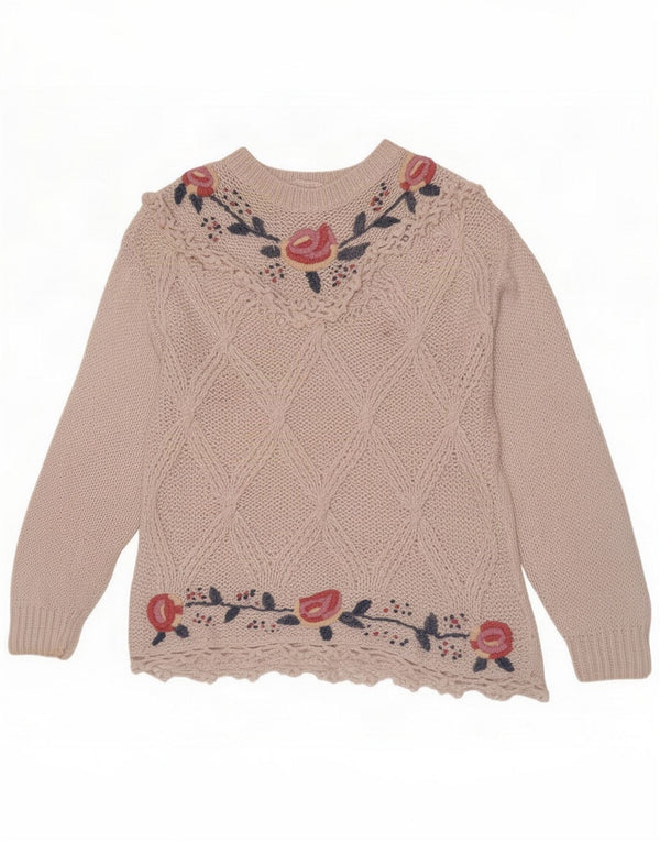 Vintage Pulover cu gât roșu pentru femei UK 14 Medium White Floral Ramie