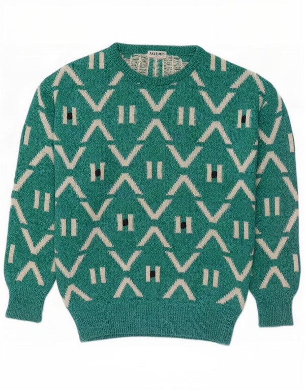 NANI BON Mens Crew Neck Jumper Sweater Medium Green Geometric Cotton