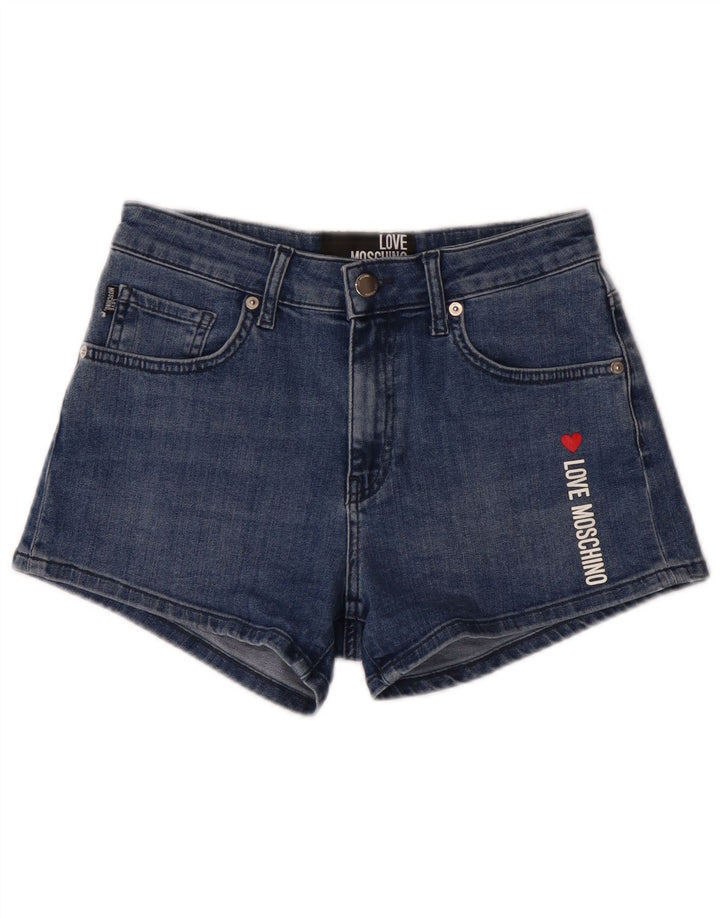 Pantaloni scurți din denim grafic pentru femei Moschino W28, bumbac albastru mediu