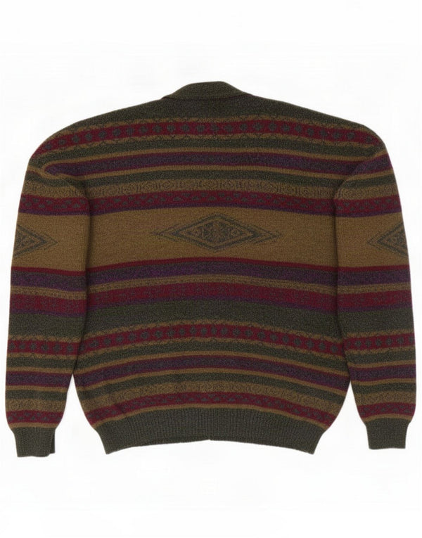 Vintage Pulover Cardigan pentru bărbați 2XL Kaki Poliamidă în dungi