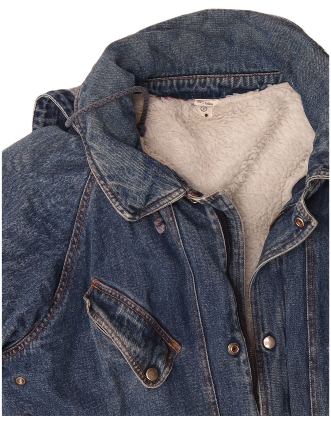 VINTAGE Jachetă Sherpa de denim cu glugă supradimensionată pentru bărbați UK 36 Bumbac albastru mic