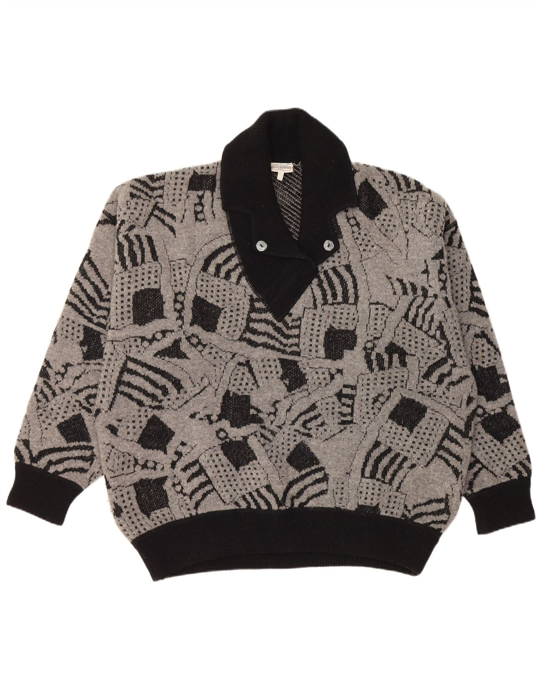 VINTAGE Pulover cu gât șal pentru femei UK 16 mare, gri, geometric