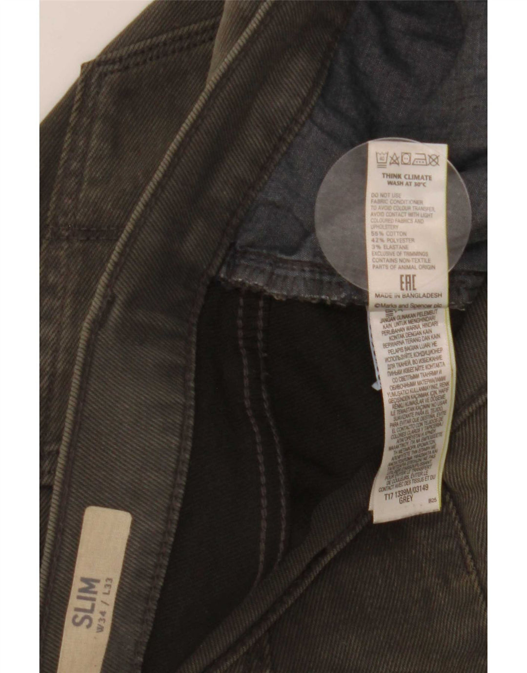 Blugi slim pentru bărbați Marks & Spencer W34 L33 bumbac gri