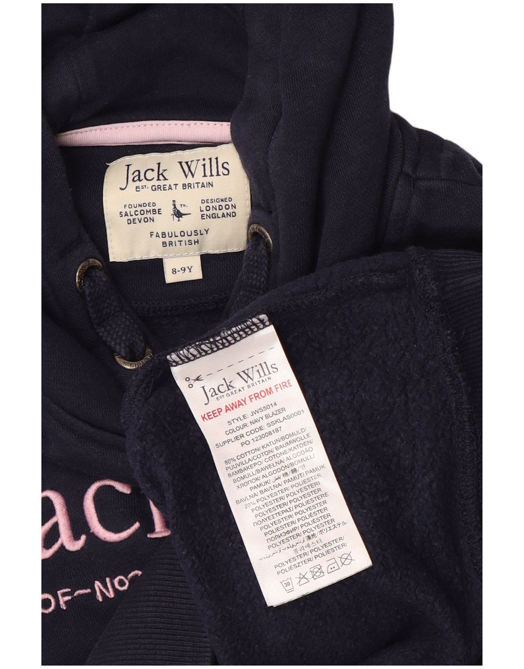 JACK WILLS Pulover cu glugă cu grafic pentru fete 8-9 ani Bumbac bleumarin