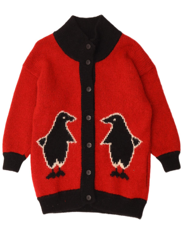 Pulover cardigan cu grafică vintage pentru femei UK 14, mare, roșu, bloc de culoare