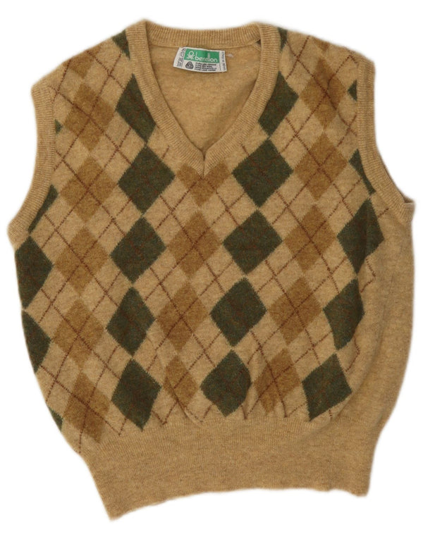 Benetton Womens Crop Vest Tank Top UK 14 Medium Bej Argyle/Diamond Wool