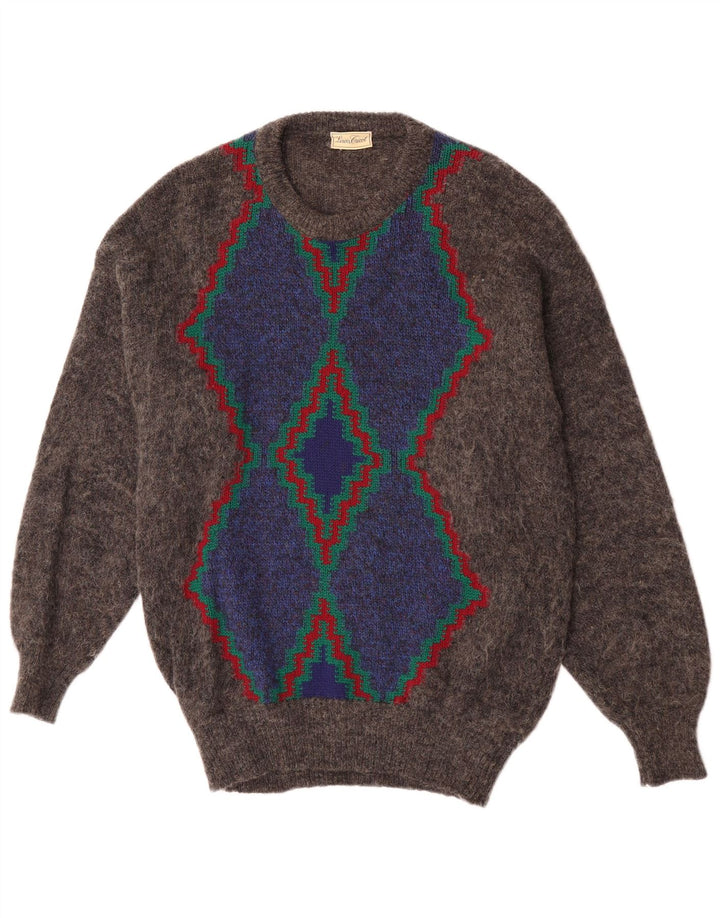 Pulover vintage pentru bărbați cu gât roșu, gri mediu Argyle/Diamond