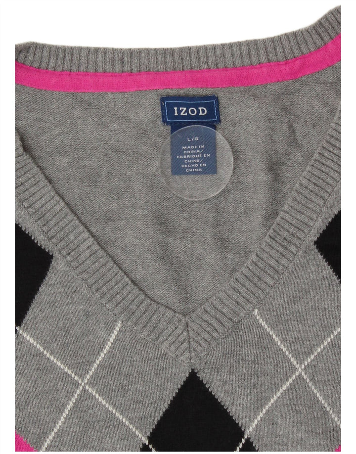 Pulover Izod pentru femei cu decolteu în V UK 14 mare, gri Argyle/Diamond