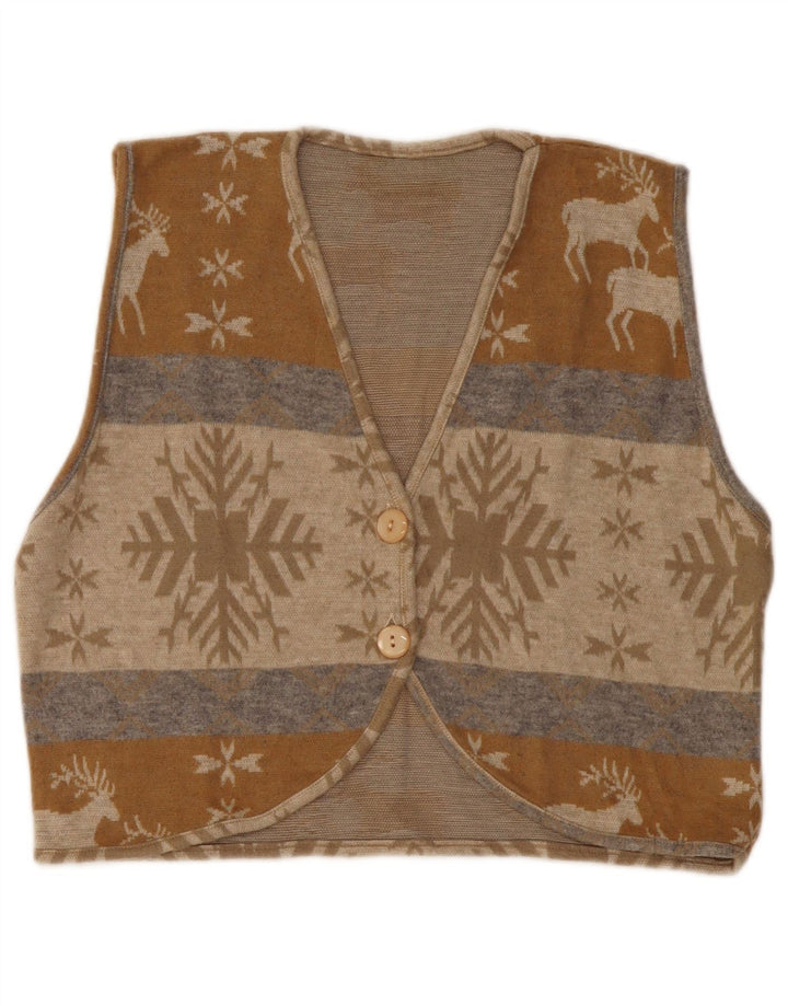 VINTAGE Pulover cardigan crop pentru femei UK 14 Medium Beige Fair Isle