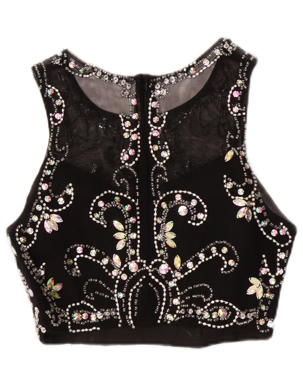 Vintage Bluză Crop fără mâneci pentru femei UK 8 Small Black Paisley