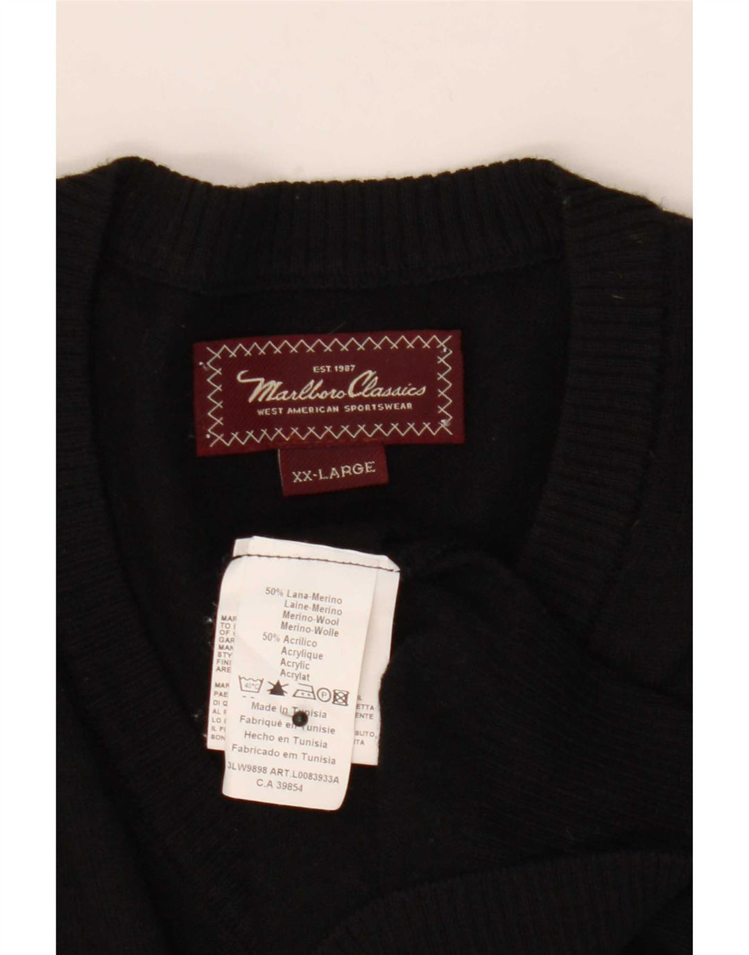 Pulover cu decolteu în V Marlboro Classics pentru bărbați, 2XL, lână merinos neagră