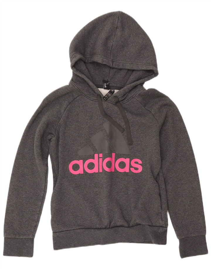 Pulover ADIDAS pentru femei, cu hanoră cu grafică, UK 8/10, bumbac, gri mic