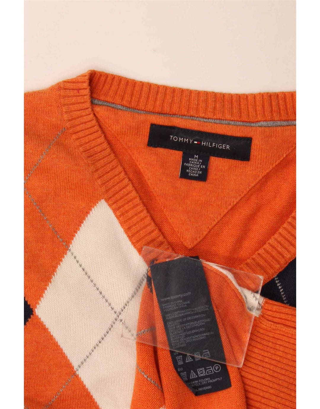 Pulover cu decolteu în V Tommy Hilfiger pentru bărbați, portocaliu mediu Argyle/Diamond