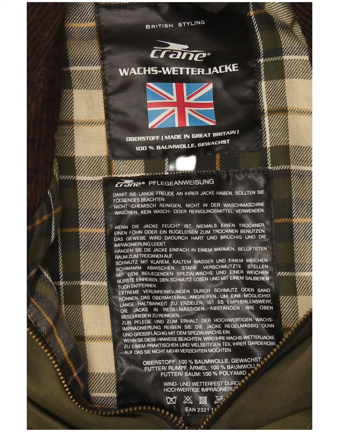 Jachetă pentru bărbați Crane din bumbac cerat UK 38, bumbac verde mediu