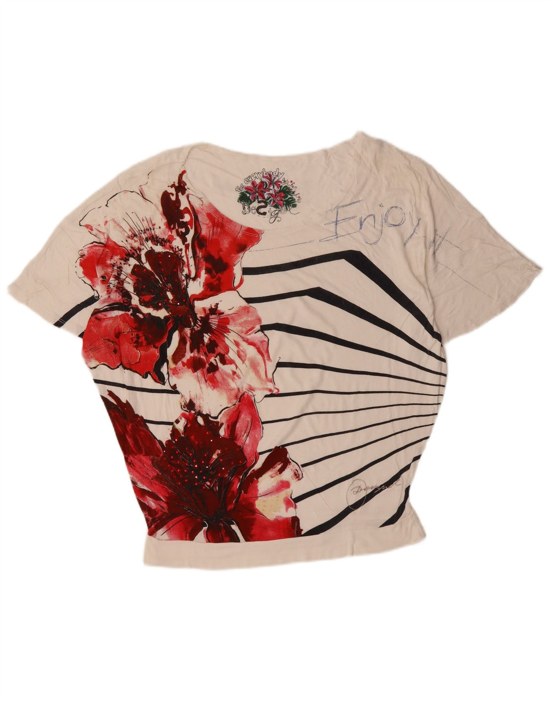 Tricou grafic DESIGUAL pentru femei Top UK 16 mare, alb, cu flori din bumbac