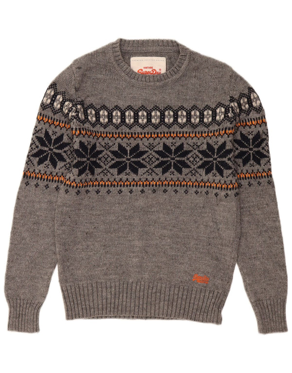 Pulover Superdry pentru bărbați cu decolteu rotund, mic, gri Fair Isle acrilic