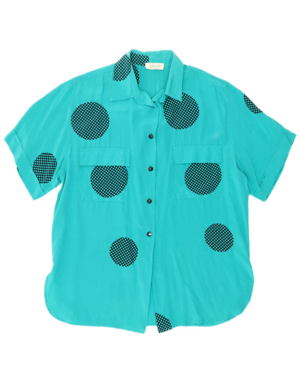 Vintage Womens Short Sleeve Shirt Blouse IT 42 Medium Blue Geometric Silk