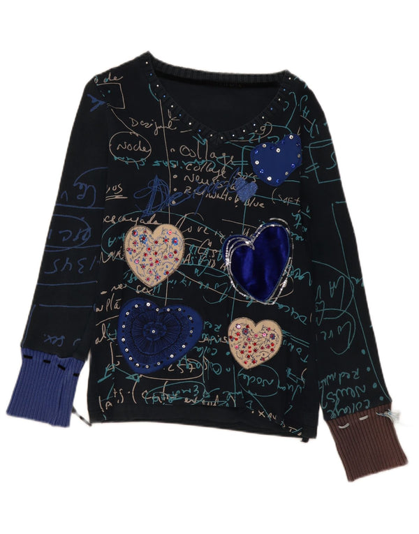 Top grafic pentru femei Desigual cu mânecă lungă UK 14 Medium Bleumarin Heart Heart