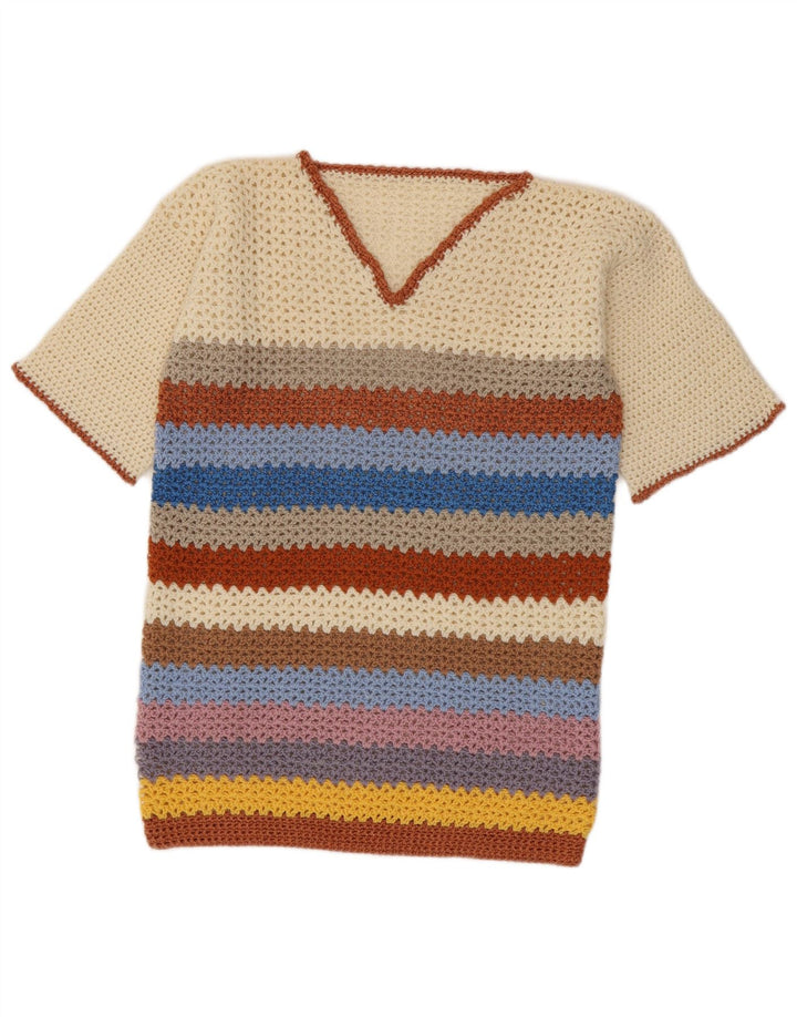 Pulover vintage pentru femei cu decolteu în V UK 14 Medium, multicolore, cu dungi