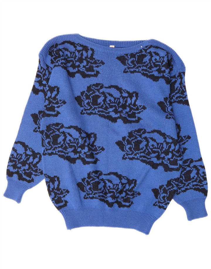 Pulover vintage pentru femei cu gât de barcă UK 14 Medium Blue Floral