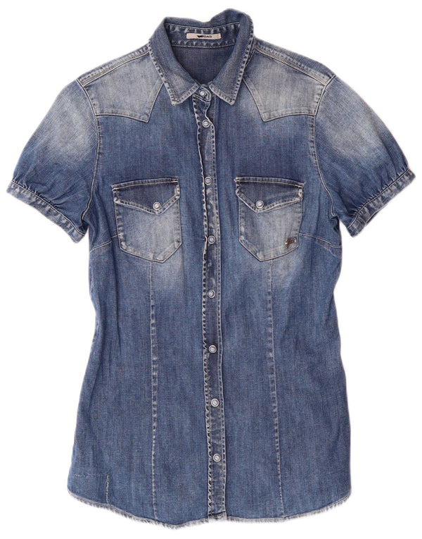 Gas Womens Short Sleeve Denim Shirt UK 12 Medium Blue Cotton