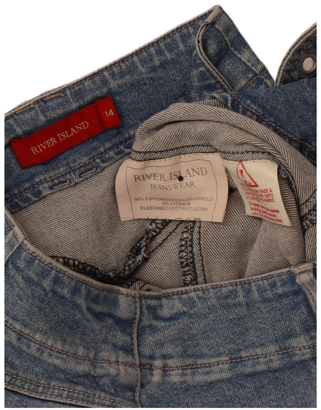 RIVER ISLAND Fusta de denim cu talie joasă pentru femei UK 14 mare W34 bumbac albastru