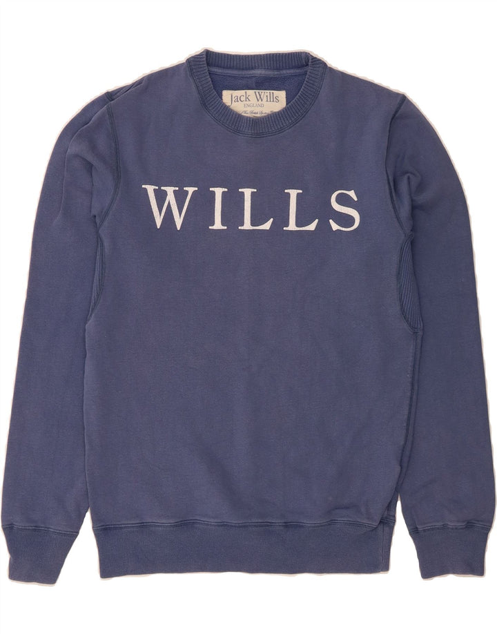 JACK WILLS Mens Graphic Sweatshirt Jumper Small Blue Cotton Vintage Jack Wills and Second-Hand Jack Wills from Messina Hembry 