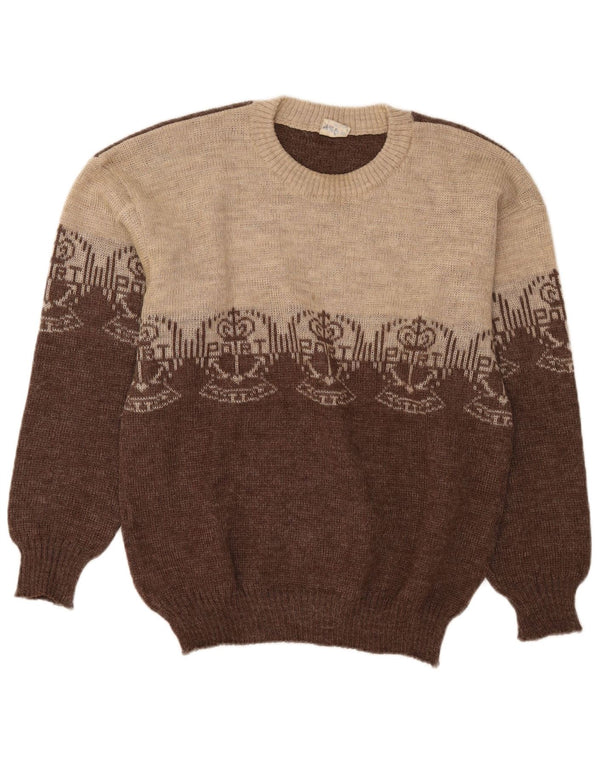 Vintage Mens Loose Fit Crew Neck Jumper Sweater IT 46 Small Brown Fair Isle