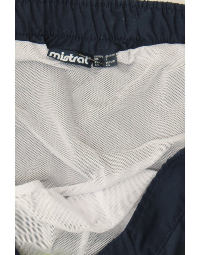 MISTRAL Mens Graphic Swimming Shorts Large Navy Blue Polyester Vintage Mistral and Second-Hand Mistral from Messina Hembry 