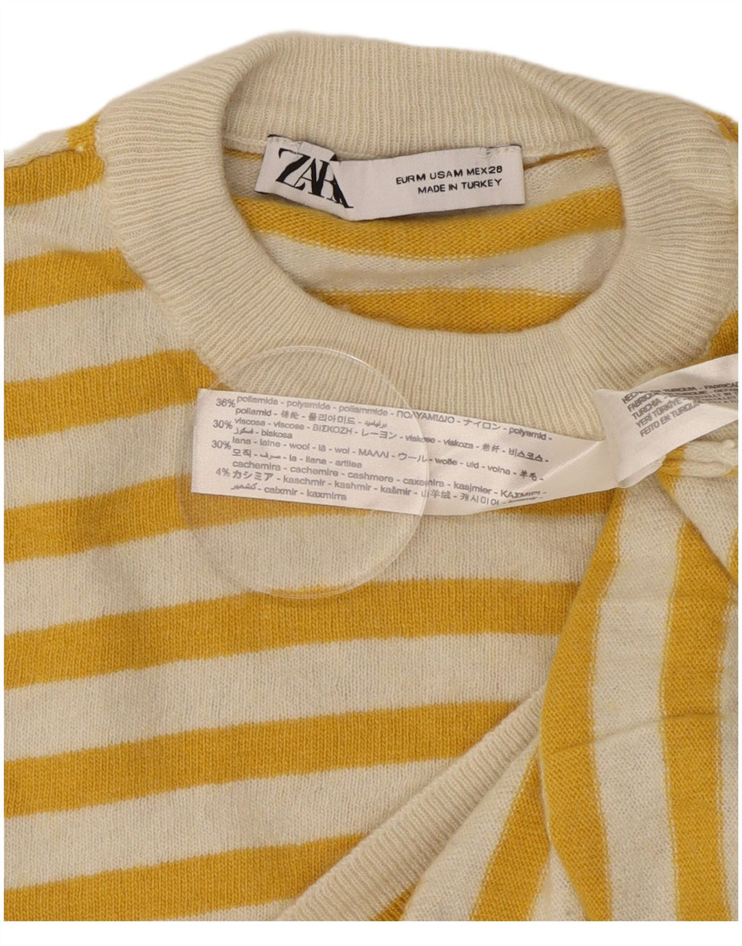 Pulover pentru damă Zara, cu gât turnu, UK 14 Poliamidă cu dungi galbene medii