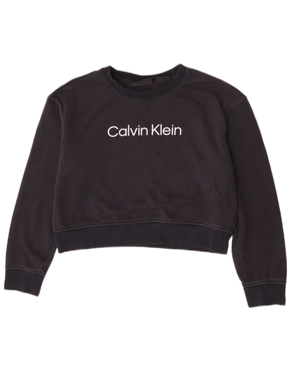 Calvin Klein Womens Graphic Crop Sweatshirt Jumper UK 14 Medium Navy Blue