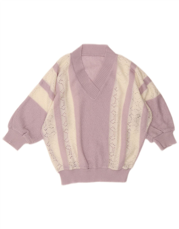 Pulover vintage cu decolteu în V pentru femei UK 10 mic cu dungi violet