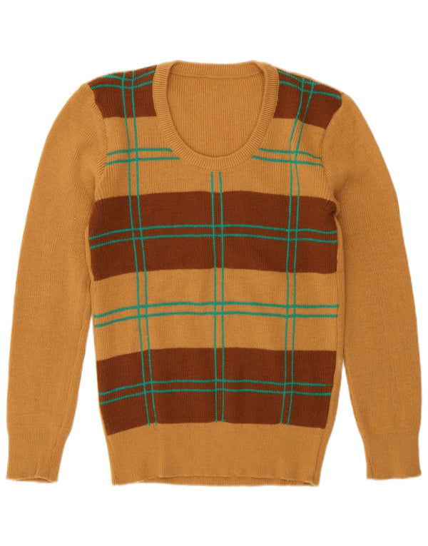 Pulover vintage pentru femei cu decolteu triplu UK 12 maro mediu geometric