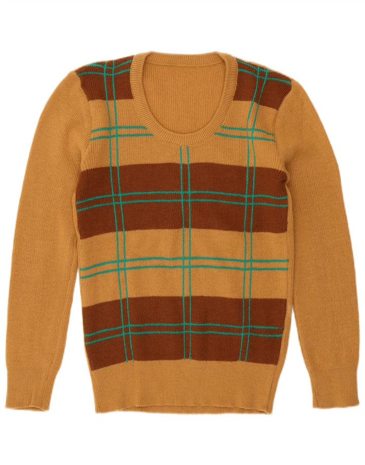Pulover vintage pentru femei cu decolteu triplu UK 12 maro mediu geometric