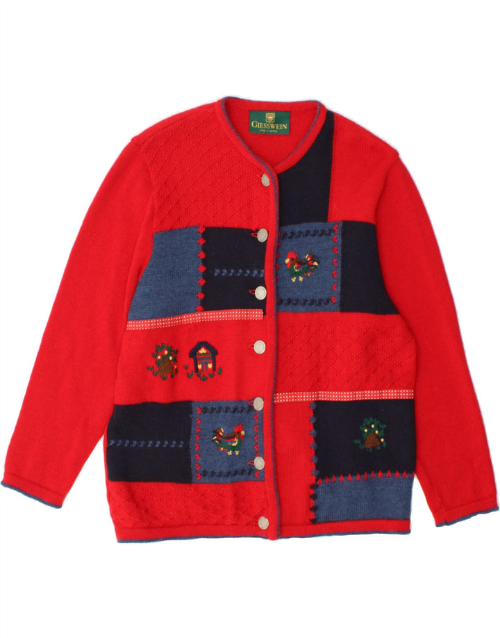 GIESSWEIN Pulover cardigan pentru femei UK 12 Medium Red Patchwork Lână virgină