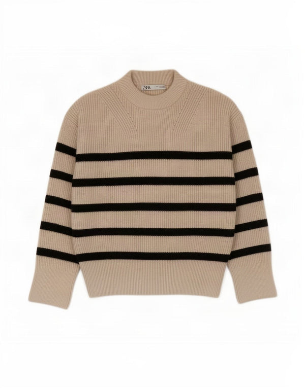Pulover oversized cu gât țestoasă pentru femei Zara UK 10 mic, bej, cu dungi