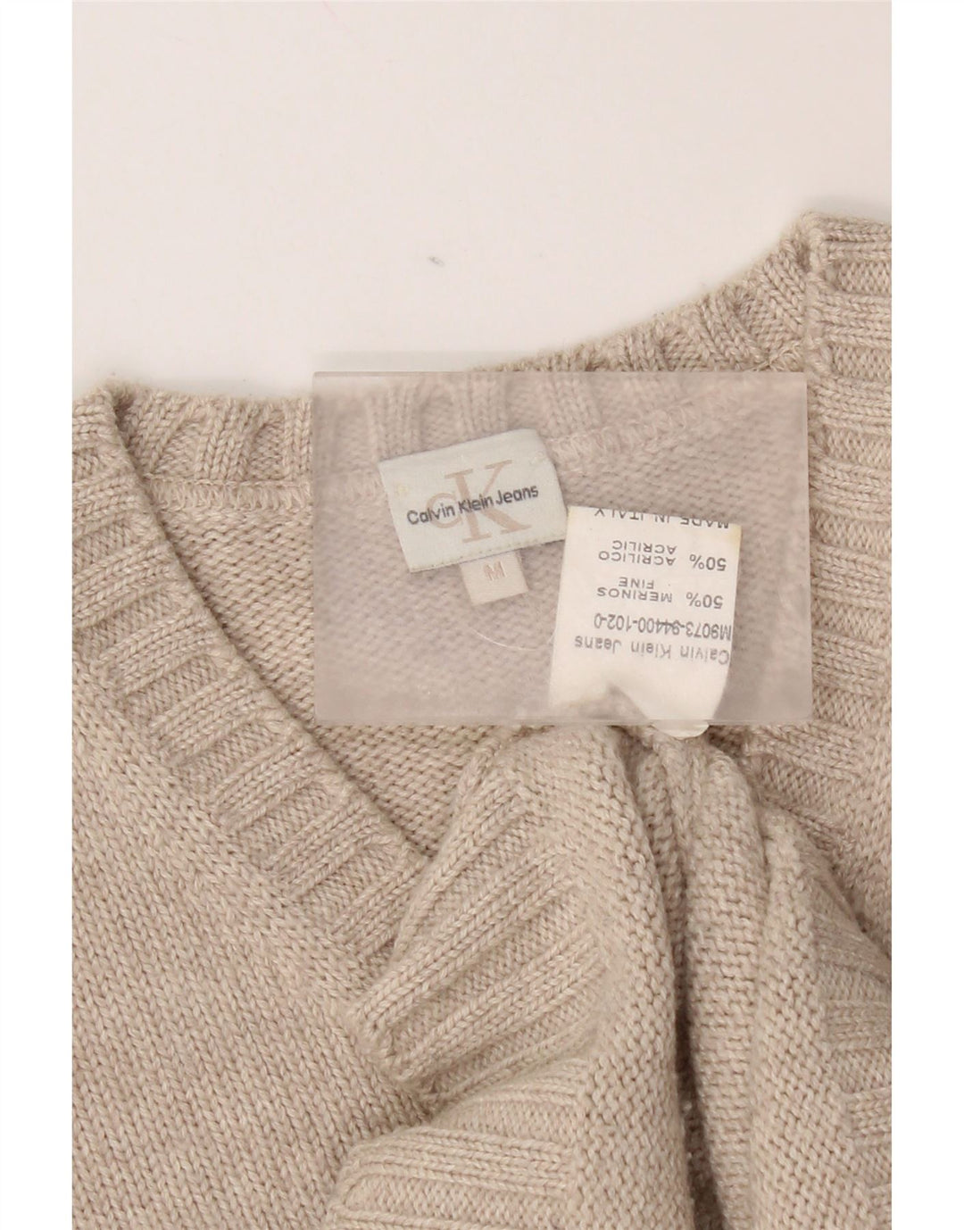 Pulover Calvin Klein pentru bărbați cu decolteu în V, lână merinos, bej mediu