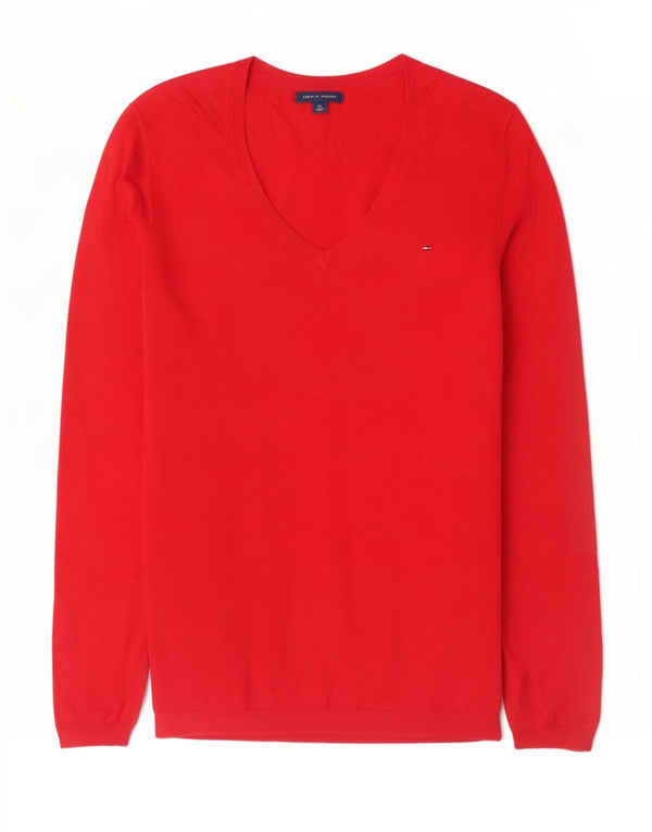 Pulover pentru femei Tommy Hilfiger cu decolteu în V UK 10 Bumbac roșu mic