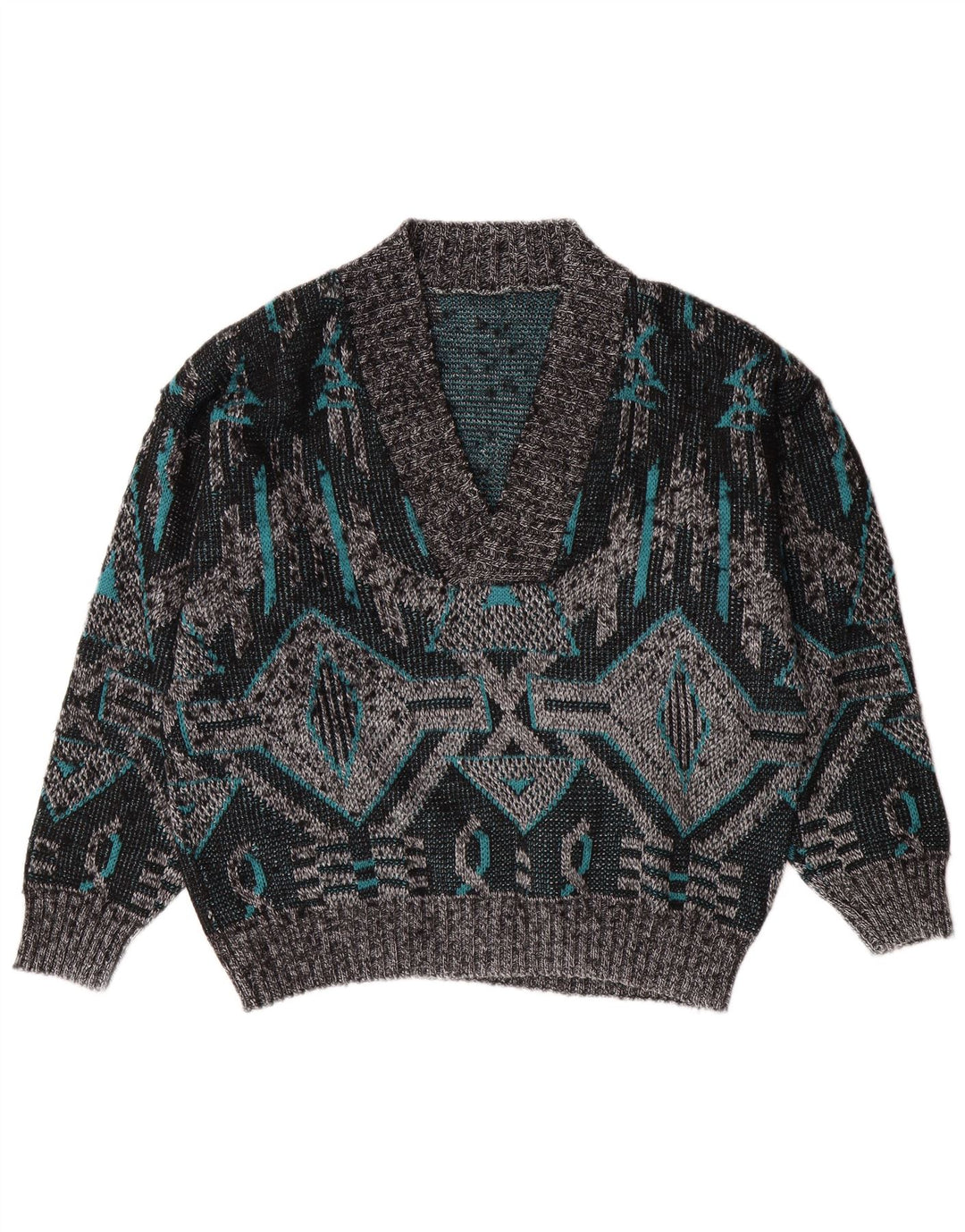 VINTAGE Pulover cu decolteu în V pentru bărbați, mare, gri geometric