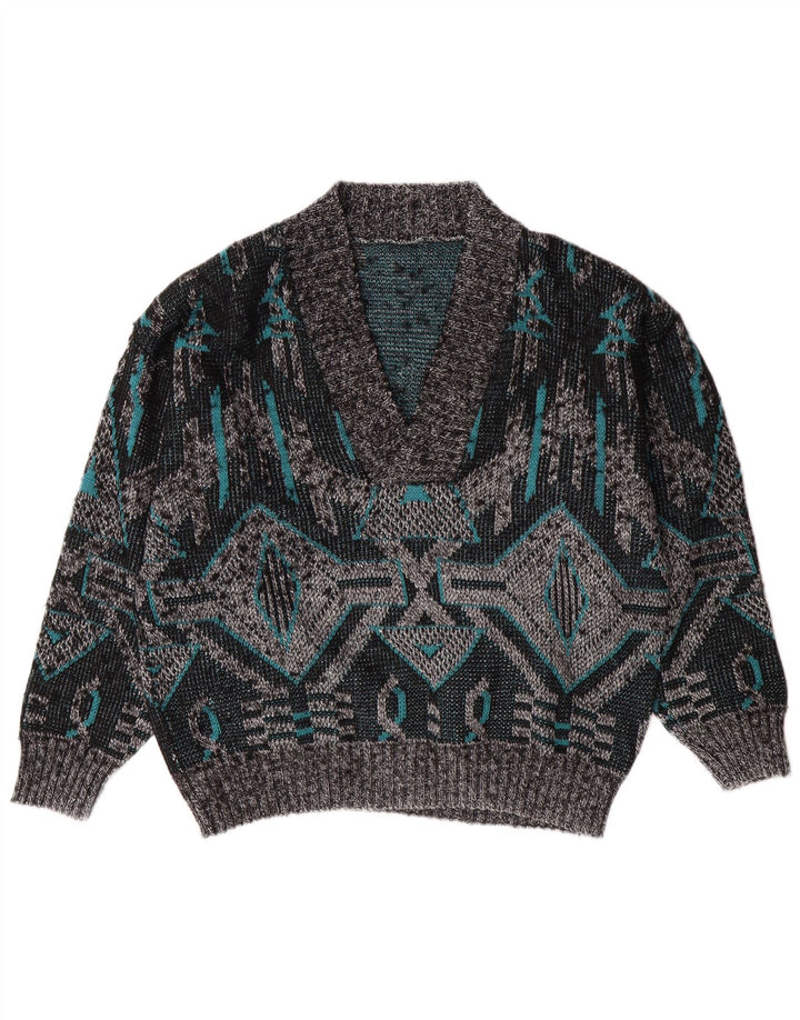 VINTAGE Pulover cu decolteu în V pentru bărbați, mare, gri geometric