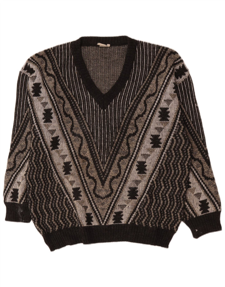Pulover vintage pentru bărbați cu decolteu în V, mare, gri geometric