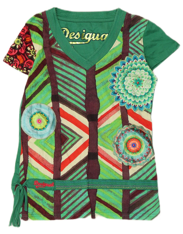 Tricou grafic Desigual pentru femei Top UK 10 Small Green Geometric Bumbac