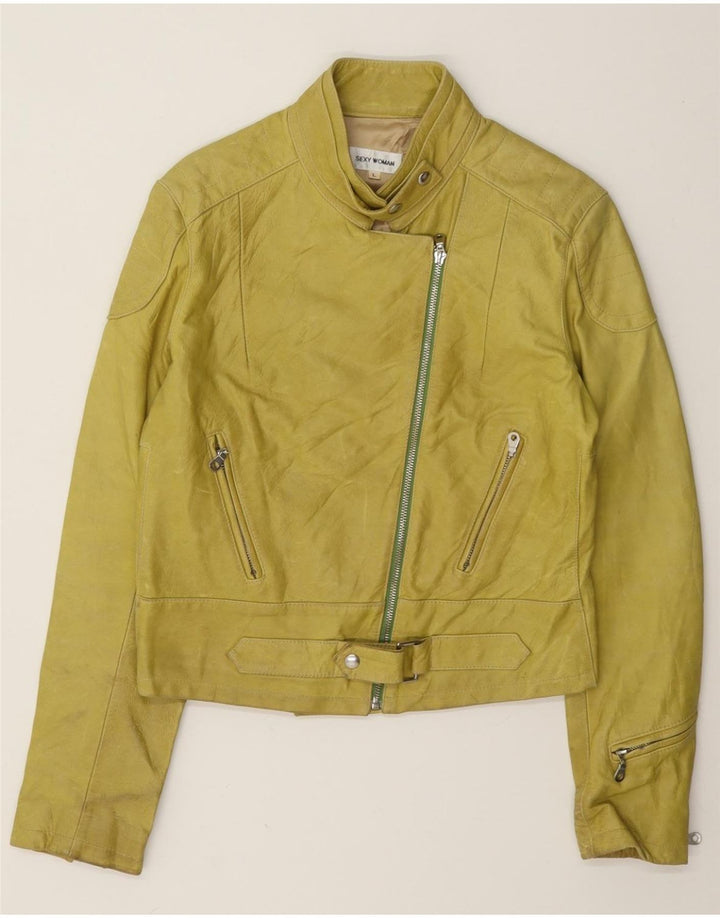 Jachetă de motociclist din piele vintage pentru femei UK 14, galben mare