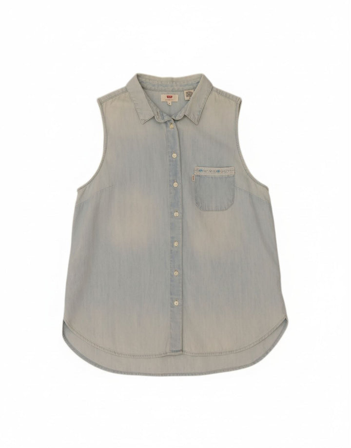 LEVI'S Womens Sleeveless Denim Shirt UK 14 Medium Blue Cotton